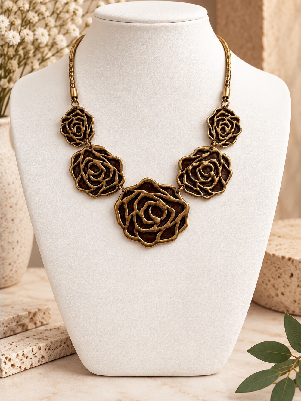SET Antique Gold Tone Rose Statement Necklace - Women Jewelry with Earrings
